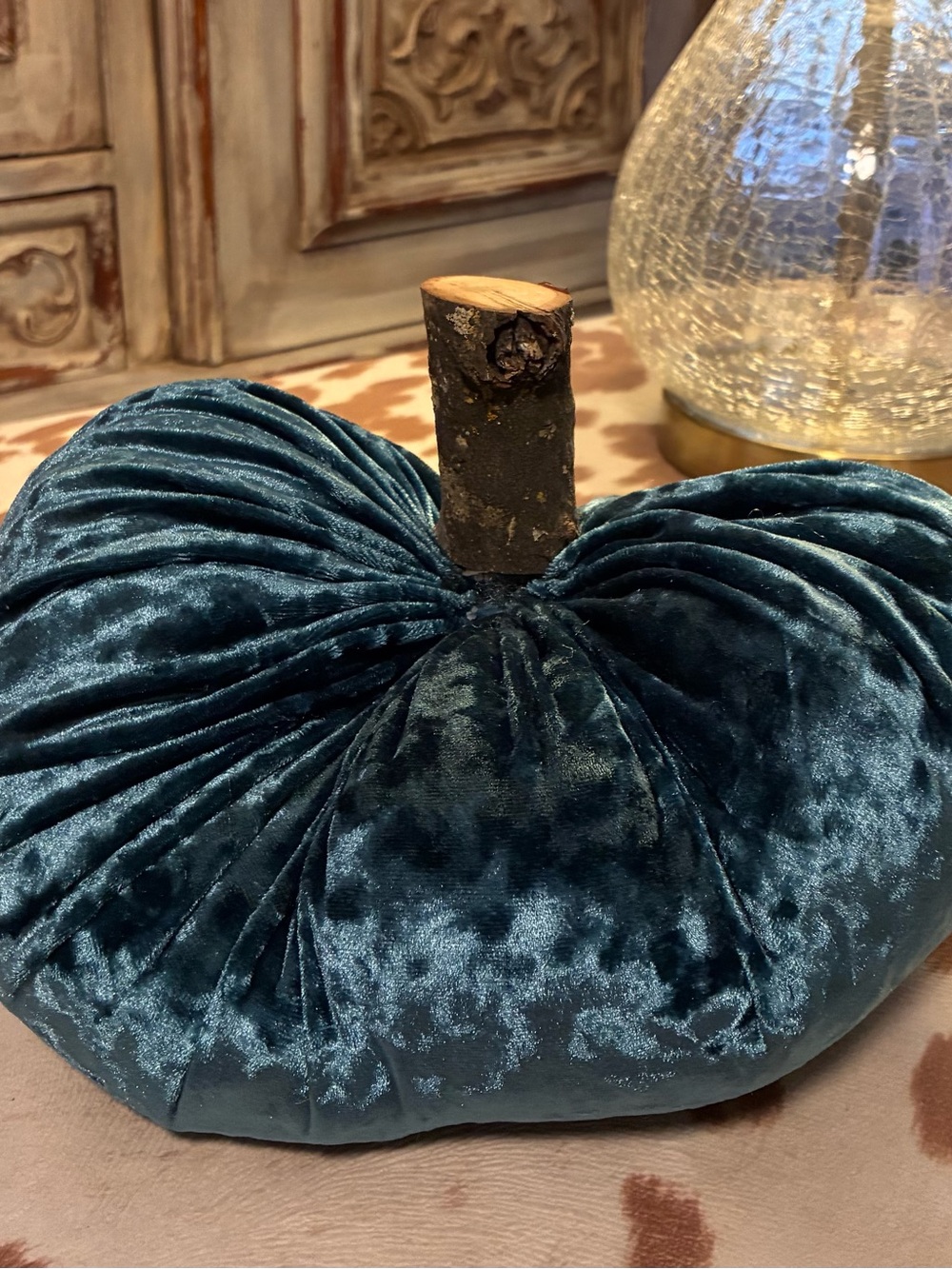 Plush Velvet Decorative Pumpkin - Teal Velvet # 1 with Wood Stem-Handmade